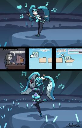 alien alien_girl alien_humanoid blue_eyes blue_hair chabble computer computer_monitor computer_mouse female hatsune_miku on_stage singing skindentation skirt tentacle tentacle_hair transformation vocaloid