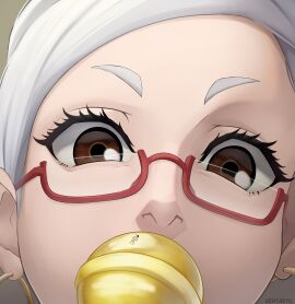 1boy 1girls 2d age_difference ayase_seiko color dandadan giantess gilf glasses kentaryu larger_female lollipop looking_at_tiny nude_male older_female size_difference smaller_male takakura_ken_(okarun) tiny_guy white_hair younger_male