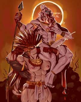 abs absurd_res african anthro anthro_only balls biceps big_muscles big_penis bodily_fluids bottomwear bracelet brown_body brown_fur canid canine canis card carrying_another clothing collar cum duo ear_piercing ear_ring eclipse ejaculation english_text feathers feet felid flexing flexing_bicep fur genital_fluids genitals gold_(metal) gold_bell gold_bracelet gold_collar gold_jewelry hi_res howl hybrid jewelry lagomorph leporid lion loincloth major_arcana male mammal melee_weapon metal_collar mexican mexican_wolf muscles muscular muscular_anthro muscular_male native_american nipple_piercing nipples pantherine pecs penis piercing polearm rabbit ring_piercing royalty spear tan_body tan_fur tarot tarot_card text the_emperor_(tarot) vaniwall vein veiny_muscles veiny_penis weapon white_body white_fur wolf