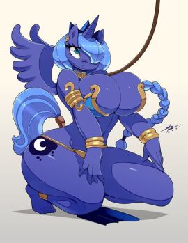 alicorn alicorn_girl alicorn_horn alicorn_pony alicorn_princess alicorn_wings anklet bare_arms bare_legs bare_midriff bare_shoulders bare_thighs barefoot belly_button big_breasts bikini bikini_top black_tiara blue_bikini blue_bikini_top blue_eyes blue_eyeshadow blue_hair blue_loincloth blue_tail bracelet breasts cleavage collar crossover crossover_cosplay earrings eyeshadow female friendship_is_magic gold_(metal) gold_anklet gold_bracelets gold_collar gold_earring gold_jewelry golden_anklets golden_bracelets golden_collar golden_earrings leash leash_and_collar leash_pull leashed_collar loincloth long_ponytail metal_bracelet metal_collar midriff my_little_pony my_little_pony_friendship_is_magic navel ponytail princess_luna_(mlp) short_hair sideboob slave slave_bikini slave_collar slave_girl slave_leia_(cosplay) slave_outfit star_wars tail thick_thighs tiara underboob