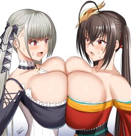 2girls absurdres ahoge akiman_pose anger_vein azur_lane bare_shoulders between_breasts bird_mask black_hair blush breast_contest breast_press breasts catfight cleavage clothing_cutout collarbone confrontation crossed_bangs detached_collar dress eye_contact face_to_face faceoff female formidable_(azur_lane) frilled_dress frills gekisum grey_hair hair_ribbon highres huge_breasts japanese_clothes kimono light-skinned_female light_skin looking_at_another mask mask_on_head multiple_females multiple_girls necktie necktie_between_breasts off_shoulder open_mouth red_eyes red_kimono red_ribbon ribbon rivalry royal_navy_(azur_lane) sakura_empire_(azur_lane) sash shoulder_cutout sidelocks simple_background standing staredown sweat symmetrical_docking taihou_(azur_lane) titfight twintails two-tone_dress two-tone_ribbon white_background wide_sleeves