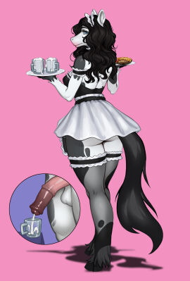 absurd_res anthro balls black_body black_fur black_hair black_tail blue_eyes bodily_fluids bovid bovine breasts cattle clothed clothing cum dessert digital_media_(artwork) dress female food fur futanari genital_fluids genitals hair herm hi_res holding_object hooves intersex looking_at_viewer magna_nsfw maid_uniform mammal mug multicolored_body multicolored_fur penis pink_background plate simple_background solo tail tuft uniform white_body white_fur
