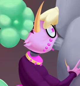 1girls anonymous_male blowjob clothing dewmel feline fellatio female green_hair helluva_boss hi_res horns long_fingernails male neckless no_neck purple_fur rita_(helluva_boss) tagme tail yellow_hair