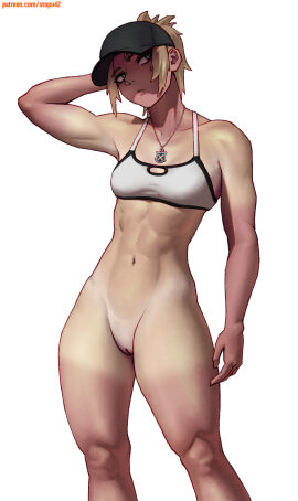 1girls abs athletic_female bandeau bangs blonde_hair bottomless braid breasts convenient_leg eyebrows_visible_through_hair fate/apocrypha fate_(series) feet female female_only fit_female green_eyes high_resolution horny_female jacket jewelry knee_up light-skinned_female long_hair looking_at_viewer medium_breasts messy_hair midriff mordred_(fate) navel necklace off_shoulder open_clothes open_jacket open_mouth ponytail red_hair_ornament red_jacket red_scrunchie revealing_clothes scrunchie sidelocks simple_background skin_fang small_breasts solo standing stopu tied_hair tomboy very_high_resolution villainess