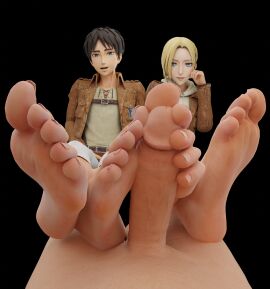 1girls 2boys 3d annie_leonhardt attack_on_titan bisexual eren_jaeger female foot_fetish footjob male male_foot_fetish mrgtsfloop pov pov_eye_contact pov_male self_upload shingeki_no_kyojin smiling_at_viewer soles