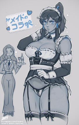 2girls asami_sato avatar_the_last_airbender blush breasts canon_couple cleavage dark-skinned_female dark_skin dress female female_focus female_only iahfy korra maid maid_uniform muscular muscular_female muscular_thighs panties ponytail stocking the_legend_of_korra thick_thighs thighhighs thighs uniform yuri