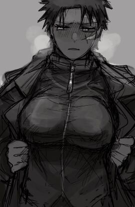 big_breasts blush breasts chihiro_rokuhira clothed clothed_female female kagurabachi katsutentacle looking_at_viewer presenting_breasts rule_63 scar_on_face short-haired_female