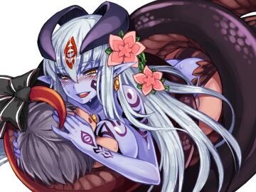 1boy alipheese_fateburn_xvi ass black_ribbon blush bmp-to-png_conversion breast_tattoo breasts collarbone colored_skin completely_nude couple cowgirl_position earrings eye_tattoo facial_tattoo female flower game_cg hair_between_eyes hair_flower hair_ornament hair_tattoo hand_tattoo hands_on_another's_head horns hug jewelry kenkou_cross lamia large_breasts long_hair luka_(mon-musu_quest!) male mon-musu_quest! monster_girl naga non-web_source nude open_mouth pointy_ears purple_hair purple_skin pussy ribbon scales sex short_hair shoulder_tattoo simple_background single_earring slit_pupils smile snake_bondage stomach_tattoo straight sweat tail tail_ornament tail_ribbon tattoo teeth transparent_background upper_teeth vaginal_penetration very_long_hair white_hair yellow_eyes