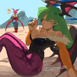 2demons 2girls age_difference ass ass_envy beach big_ass big_breasts bikini breast_envy breasts bubble_ass bubble_butt busty darkstalkers demon demon_girl fat_ass female female_only flat_chest green_eyes green_hair huge_ass jealous large_ass large_breasts lilith_aensland lying lying_on_stomach morrigan_aensland outdoors pk_draws_40 purple_hair red_eyes sideboob sitting succubi succubus succubus_wings sweat sweaty_body swimsuit thick_ass thick_thighs wide_hips