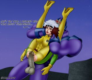 1boy 1girls anna_marie apocalypse_(x-men) balls big_penis brown_hair en_sabah_nur female full_nelson full_nelson_(legs_held) gloves imminent_rape long_hair male marvel marvel_comics noncon open_mouth penis pussy ripped_clothing rogue_(x-men) standing_full_nelson superhero superhero_costume superheroine text thigh_high_heels torn_bodysuit torn_clothes two-tone_hair vaginal_penetration white_hair x-men x-men:_the_animated_series x-men_97 zugalewd