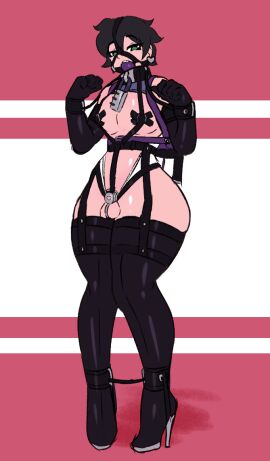 ankle_cuffs ball_gag bondage boots bound chastity_cage chastity_device collar femboy flat_chastity_cage gag gloves harness_gag high_heels hobbled lrks male png shiny_skin standing thigh_boots thighhighs very_high_heels