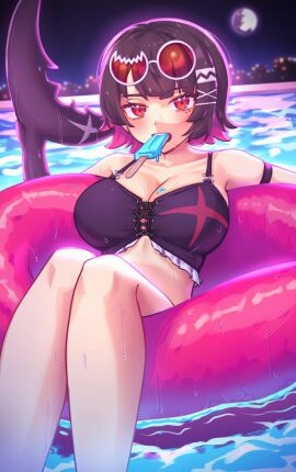 1girls black_hair black_swimsuit ellen_joe female hoyoverse mihoyo moon popsicle popsicle_in_mouth red_eyes shark_girl shark_tail short_hair sunglasses sunglasses_on_head swimming_pool swimsuit zenless_zone_zero
