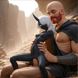 ai_generated ai_hands arm_guards bad_anatomy bad_hands beard black_body blue_eyes canyon cloak desert extreme_size_difference facial_hair felbat holding_partner horn horned_humanoid human_on_humanoid human_penetrating humanoid_penetrated larger_human larger_male living_onahole living_sex_toy male_on_humanoid male_penetrating_female medium_breasts medium_hair minigirl minigirl_on_penis nipples pal_(species) palworld pussy red_facial_hair sitting sitting_on_person size_difference smaller_female smaller_humanoid smaller_penetrated stomach_bulge white_hair