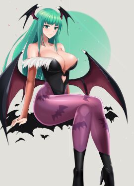 absurdres animal_print bad_id bad_pixiv_id bare_shoulders bat_print bat_wings blush breasts bridal_gauntlets cleavage closed_mouth clothing_cutout collarbone crossed_legs darkstalkers demon demon_girl edelritter female green_eyes green_hair head_wings heart_cutout high_heels highleg highleg_leotard highres large_breasts leotard long_hair looking_at_viewer low_wings mature_female milf morrigan_aensland pantyhose print_pantyhose purple_pantyhose seductive seductive_smile smile solo succubus wings