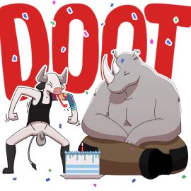 2024 anthro arm_tattoo balls birthday birthday_cake black_body black_clothing black_fur black_shirt black_tank_top black_topwear blowing bottomless bottomwear bovid bovine brown_bottomwear brown_clothing brown_pants cake cattle celebration clothed clothing colored confetti crossed_legs darkened_genitalia dessert digital_media_(artwork) duo ear_flick firefighter firefighter_uniform flaccid food fur genitals grey_body grey_skin horn keane_(wtperv) long_balls male male/male mammal motion_lines mu_(wtperv) muscular muscular_male noisemaker pants partially_clothed penis rhinoceros shaded shirt sitting sitting_on_ground small_penis sound_effects spread_legs spreading standing tail tank_top tattoo topwear uniform white_body white_fur wtperv