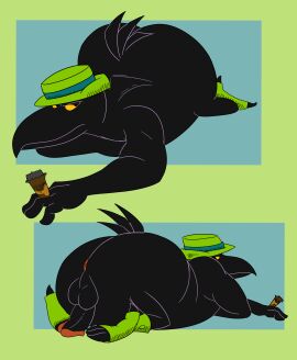 absurd_res all_fours anthro anus ass ass_out avian balls beak big_butt bird black_body black_eyes black_feathers bob-jiggles cigar clothing corvid corvus_(genus) cross-hatching crow duke_(fritz_the_cat) feathers fritz_the_cat genitals hat hatching_(art) headgear headwear hi_res humanoid_genitalia humanoid_penis looking_aside looking_away looking_back lying male nude nude_anthro nude_male on_front oscine passerine pattern_clothing penis presenting presenting_hindquarters shaded simple_background slightly_chubby slightly_chubby_anthro slightly_chubby_male solo striped_clothing stripes suit tail tail_feathers yellow_sclera