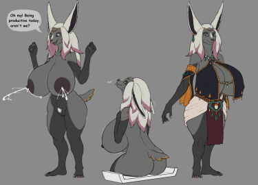 3_eyes ass big_ass big_breasts big_butt black_body black_clothing blep blue_eyes bodily_fluids breasts claws clothing dress ear_piercing ear_ring female fera_(karnator) genitals grey_body hair hi_res huge_breasts karnator lactating long_ears multi_eye multicolored_body multicolored_hair nintendo nipple_outline nipples piercing pink_claws pink_hair purple_nipples pussy red_clothing ring_piercing solo tears_of_the_kingdom the_legend_of_zelda thick_thighs tongue tongue_out white_clothing white_hair zonai