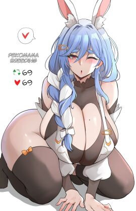 1girls animal_ears bent_forward black_thighhighs blowing_kiss blue_hair blush braid breasts breasts_together chestnut_mouth child_bearing_hips cleavage cleavage_cutout clothing_cutout ear_fluff english_text fake_animal_ears female female_only front_heavy_breasts gigantic_breasts hair_ornament hair_ribbon hairclip heart_cutout highres hololive hololive_fantasy hololive_japan huge_breasts huge_cleavage hyper_hips lainart legwear light-skinned_female light_blue_hair light_skin like_and_retweet long_breasts long_cleavage long_hair looking_at_viewer low_hanging_breasts mature mature_female meme mole mole_(marking) mole_on_breast multicolored_hair one_eye_closed pekomama pendulous_breasts pink_inner_ear pink_nails rabbit_ears rabbit_hair_ornament red_eyes seiza single_braid sitting small_mouth solo thick_eyebrows thick_thighs thighhighs thighs twitter_strip_game_(meme) two-tone_hair virtual_youtuber voluptuous voluptuous_female white_background white_ears white_hair white_ribbon wide_hips