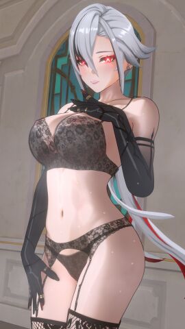 1girls 3d areolae arlecchino_(genshin_impact) big_breasts breasts female female_only genshin_impact lazyprocrastinator light-skinned_female lingerie lingerie_only looking_at_viewer mihoyo nipples_visible_through_clothing panties thighhighs