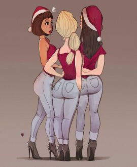 3girls ass back_view black_hair blonde_hair brown_hair christmas female grey_jeans high_heels jeans large_ass original original_character red_tank_top santa_hat tank_top tomphelippe