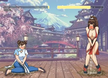 2girls blush chun-li crossover fatal_fury female female_only fight have_to_pee human king_of_fighters mai_shiranui multiple_females multiple_girls nervous omorashi papergami peeing peeing_self peeing_together shaking sitting sitting_in_urine street_fighter street_fighter_6 urinating_female urination urine urine_on_ground urine_on_legs urine_pool urine_stream wetting wetting_self