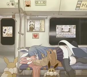 2girls animal_ears animated black_thighhighs doremifaso64 eevee gen_1_pokemon gen_4_pokemon gen_6_pokemon glaceon lying_on_person mike_no_hito multiple_girls nintendo original pokemon sleeping sylveon tagme thighhighs train_interior video yuri