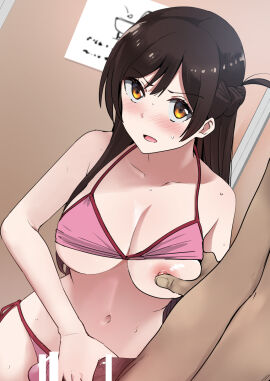 1boy 1girls areola big_breasts bikini breasts brown_hair cheating cheating_female cheating_girlfriend dark-skinned_male dark_skin female grabbing_another's_breast grabbing_breasts grabbing_penis h2o_(ddks2923) handjob kanojo_okarishimasu large_penis light-skinned_female light_skin male mizuhara_chizuru netorare nipple_play nipples ntr penis public public_restroom stroking_penis swimsuit