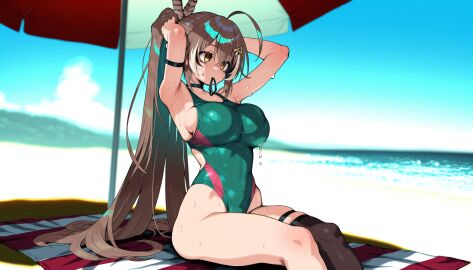 1girls ai_generated armpits beach beach_towel bikini brown_hair hair_feathers hololive hololive_english huge_breasts nanashi_mumei shade sweat swimsuit thighs tying_hair umbrella virtual_youtuber water yellow_eyes