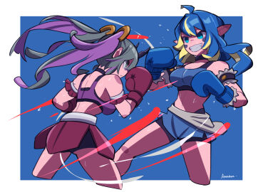 2girls ahoge amazu_(kurozu) bare_shoulders bike_shorts black_shorts blonde_hair blue_boxing_gloves blue_eyes blue_gloves blue_hair blue_shorts boxing boxing_gloves breasts catfight cleavage closed_mouth commission cropped_legs duo female female_only gloves green_eyes grey_hair grin hair_between_eyes highres light-skinned_female light_skin long_hair magenta_boxing_gloves magenta_gloves medium_breasts multicolored_hair multiple_females multiple_girls navel original profile purple_hair short_shorts shorts sin_amazu smile sports_bra streaked_hair sweat twintails two-tone_hair very_long_hair