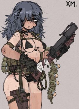 bikini black_hair brown_eyes female gloves grutts gun long_hair military military_girl soldier soldier_female tan tan_skin weapon wet_skin