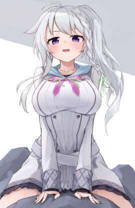 1girls 9-nine- :d absurdres ahoge arm_support belt blush bow braid breasts buttons collarbone cowboy_shot dress eyelashes female floating_hair green_ribbons grey_belt grey_hair hair_between_eyes hair_ribbon highres impossible_clothes large_breasts long_hair looking_at_viewer niimi_sora oerba_yun_fang open_mouth pink_bow pov purple_eyes ribbon school_uniform short_dress side_ponytail sidelocks simple_background single_braid skin_fang sleeves_past_wrists smile smug solo straddling straight-on sweat takoyaki032002 v-shaped_eyebrows v_arms white_background white_dress