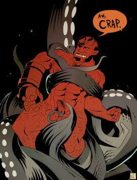 balls bara body_hair boner captain_nikko demon erection facial_hair hellboy hellboy_(series) male male_only muscles muscular nude penis sideburns solo solo_male speech_bubble tentacle tentacle_on_male yaoi