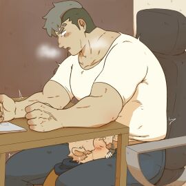 2boys all_saints_street animal_ears bar_censor bara blue_pants blush censored damao eyebrow_cut grey_hair heavy_breathing highres male male_focus multiple_boys multiple_males muscular muscular_male neil_bowman oral pants pubic_hair saruhiko_(mtmnkmn) sheep_ears shirt table under_the_table white_hair white_shirt yaoi