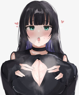 1girls 34ltiki_(l_tiki) absurdres black_choker black_dress black_hair blunt_bangs blush bocchi_the_rock! breasts chin_piercing choker cleavage cleavage_cutout clothing_cutout colored_inner_hair dress female goth_fashion green_eyes heart highres hime_cut horny_female labret_piercing large_breasts light-skinned_female light_skin long_hair long_sleeves ltiki multicolored_hair off_shoulder pa-san paizuri_invitation piercing purple_hair simple_background solo sweat