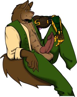 5_fingers absurd_res alpha_channel alternative_fashion animal_genitalia animal_penis anthro balls bottomwear brown_balls brown_body brown_claws brown_fur canid canine canine_genitalia canine_penis claws clothed clothing eyewear fingers fur genitals grey_eyes hi_res knot male mammal monocle pants penis pink_nose pink_penis prosthetic prosthetic_limb shirt solo spicedevil steampunk tail topwear transparent_background vest