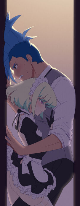 2boys androgynous ass bob_cut burrrntlemon crossdressing embarrassed femboy galo_thymos gay lio_fotia maid maid_headdress maid_outfit maid_uniform male petite petite_body petite_male promare short_hair size_difference twink yaoi