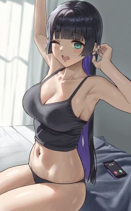 anteiru anteiru3939 armpits arms_up bare_arms bare_shoulders black_hair black_nails black_panties blunt_bangs blunt_ends blush bocchi_the_rock! breasts camisole cellphone cleavage colored_inner_hair commentary_request crop_top female green_eyes highres indoors labret_piercing large_breasts long_hair multicolored_hair nail_polish navel navel_piercing one_eye_closed open_mouth pa-san panties phone piercing purple_hair sidelocks sitting smartphone solo stomach straight_hair tearing_up thighs two-tone_hair underwear very_long_hair waking_up