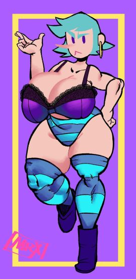 big_breasts bloomers blue_hair boots bra breasts digital_drawing_(artwork) female frilly hoop_earrings large_breasts lipstick miriam_(wandersong) mrxharlequinn panties pointy_nose stockings thick_thighs toned toned_legs wandersong witch
