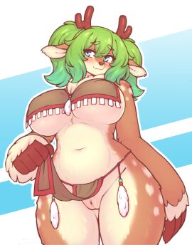 2024 5_fingers anthro antlers big_breasts biped blue_eyes blush breasts brown_body brown_fur brown_nose chimera clothed clothing clothing_lift deer digital_media_(artwork) dobrota eyebrow_through_hair eyebrows eyelashes female fingers floppy_ears fur genitals green_eyebrows green_hair hair hi_res horn humanoid_genitalia humanoid_pussy loincloth_lift long_hair looking_away low-angle_view mammal multicolored_body multicolored_fur navel nipple_outline pink_pussy portrait pussy simple_background solo standing tan_body tan_fur tan_inner_ear three-quarter_portrait translucent translucent_hair twintails una_(dobrota) under_boob voluptuous_anthro voluptuous_female