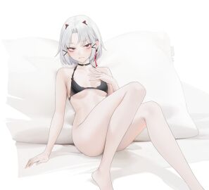 1girls absurd_res absurdres ass bare_ass bare_back bare_belly bare_butt bare_calves bare_chest bare_hands bare_hips bare_knees bare_legs bare_midriff bare_navel bare_shoulders bare_soles bare_thighs bare_torso barefoot bed_sheet belly black_bra black_choker black_underwear blush blushing_at_viewer blushing_female bottomless bottomless_female bra breasts choker cleavage collarbone covered_nipples dot_nose drake_(nikke) embarrassed_female eyebrows_visible_through_hair feet female female_focus female_only fingers full_body goddess_of_victory:_nikke groin hair_ornament hair_ornaments hand_on_breast hand_on_chest hand_on_own_breast hand_on_own_chest heade_tilt high_resolution highres hourglass_figure knees knees_up legs light-skinned_female light_skin looking_at_viewer ohisashiburi petite petite_body petite_breasts petite_female pillow red-eyed_female red_eyes short_hair shoulders simple_background sitting slender_body slender_waist slim_female slim_waist small_breasts solo thick_ass thick_thighs thighs thin_waist tilted_head toes underboob underwear v-line white-haired_female white_background white_bed_sheet white_eyebrows white_hair white_pillow wide_hips