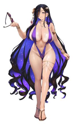 absurdly_long_hair ai_assisted armlet armpit_crease black_hair blue_eyes bracelet breasts brown_dust_(series) brown_dust_2 cropped curly_hair eclipse_(brown_dust_2) eyewear_removed female flower full_body groin hair_flower hair_ornament hair_over_one_eye highres holding holding_removed_eyewear huge_breasts jewelry light_blush long_hair looking_at_viewer nail_polish navel necklace official_art open_mouth purple-tinted_eyewear purple_hair purple_slingshot_swimsuit sandals second-party_source simple_background skindentation slingshot_swimsuit smile solo stomach sunglasses swimsuit tan tanline third-party_edit tinted_eyewear toenail_polish toenails toes transparent_background unworn_eyewear very_long_hair