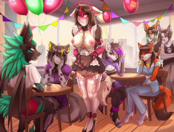 2024 absurd_res anthro biped birthday black_collar black_hair blush bondage bottomwear bound breasts canid canine chains chair character_request clothing collar felid feline female fox fur furniture gag gagged genitals green_hair group hair hi_res high_heels mammal moddish nipples orange_body orange_fur pants pussy shirt sitting solo submissive submissive_anthro submissive_female table topwear wings