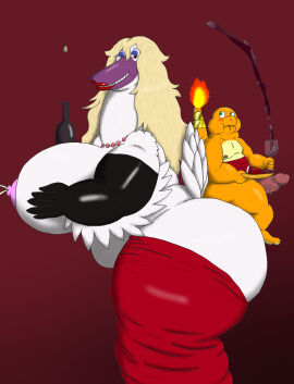 alcohol alythewolfcat anatid anseriform anserinae anthro aphrodite_(deity) armwear ass avian beaded_jewelry beaded_necklace beads beverage big_ass big_breasts big_butt big_penis bird breasts cake_slice charmander cloth clothing duo elbow_gloves erection european_mythology female fire generation_1_pokemon genitals gloves greek_mythology hadou_(satsui-n0-had0u) handwear hi_res huge_ass huge_breasts huge_butt huge_cock jewelry leaking_milk makeup male male/female mythology necklace nintendo overweight overweight_female penis pokemon pokemon_(species) ribbons swan wine