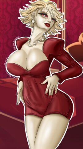 1girls 2024 big_breasts black_eyeliner blonde_hair breasts cameltoe cleavage curvy_body demon demon_girl female female_only hazbin_hotel hourglass_figure jhan katie_killjoy light-skinned_female light_skin navel pale-skinned_female pale_skin pearl_earrings pussy red_dress red_eyes red_nails seductive sharp_fingernails skin_tight smile solo solo_female thick_thighs tight_clothing tight_dress white_pupils wide_hips