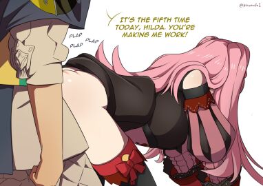 1boy 1girls all_fours ambiguous_penetration ass atramada1 bangs bare_thighs bent_over big_ass boots breasts claude_von_riegan detached_sleeves doggy_style dress english_text female female_focus fire_emblem fire_emblem:_three_houses gloves hilda_valentine_goneril long_hair long_sleeves male marathon_sex medium_breasts nintendo pink_hair ponytail sex sex_from_behind solo_focus text thigh_boots thighs twintails white_background