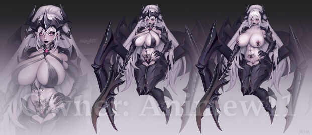 1girls adoptable arachnid arachnid_humanoid bikini bikini_armor breasts female female_only grey_hair huge_breasts kolgaart latex latex_bodysuit latex_clothing latex_gloves latex_suit light-skinned_female light_skin pale-skinned_female pale_skin pierced_nipples piercing ponytail pubic_tattoo red_eyes solo weapon white_body white_hair