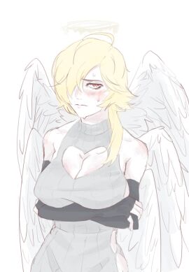 1girls ahoge angel angel_girl angel_wings black_gloves blonde_hair blush breasts cleavage cleavage_cutout colored_skin crossed_arms elbow_gloves feathered_wings female funamusea genderswap genderswap_(mtf) grey_sweater hair_over_one_eye halo hiuchiru large_breasts long_hair red_eyes rule_63 simple_background solo solo_female sweatdrop sweater taffy_(funamusea) virgin_killer_sweater white_background white_skin white_wings wings