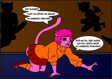 2017 all_fours ambiguous_species animal_genitalia animal_penis anthro anthro_only ass balls baseboard big_balls big_penis black_penis bottomwear carpet clothed clothing cosplay crossdressing demon dialogue digital_media_(artwork) dirty_talk domestic_cat english_text erection felid feline felis female femboy footwear forked_tail freckles fur genitals girly green_eyes group hair hanna-barbera helpless horn imminent_sex inside male mammal membrane_(anatomy) membranous_wings monster offscreen_character open_mouth orange_clothing orange_footwear orange_socks orange_sweater orange_topwear penis pink_body pink_fur pink_hair pinkie.lovesu pinkie.lovesu_(artist) raised_bottomwear raised_clothing raised_skirt rape_play red_bottomwear red_clothing red_skirt scooby-doo shirt shoes skirt socks speech_bubble submissive submissive_male sweater tail testicles text topwear unusual_anatomy unusual_tail velma_dinkley