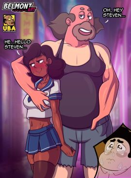1girls 2boys 2d 2d_(artwork) age_difference belmont breast_grab breasts cartoon_network cheating cheating_girlfriend connie_maheswaran crying cucked_by_father cuckold dark-skinned_female dark_hair dark_skin dialogue fat_male female greg_universe human interracial light-skinned_male light_skin male male/female netorare ntr nude nude_female older_male school_uniform skirt steven_quartz_universe steven_universe wide_hips