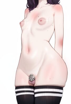 1boy ai_assisted feminine_male flat_chastity_cage head_out_of_frame hikkaria large_areolae long_hair long_socks male male_only mole mole_on_balls mole_on_breast mole_on_neck mole_on_stomach mole_on_thigh navel nipples nude oc original original_character otoko_no_ko pale-skinned_futa pale_skin precum puffy_nipples purple_hair simple_background small_breasts solo solo_male standing stomach sweat testicles thick_thighs thighhighs thighs veiny_breasts white_background